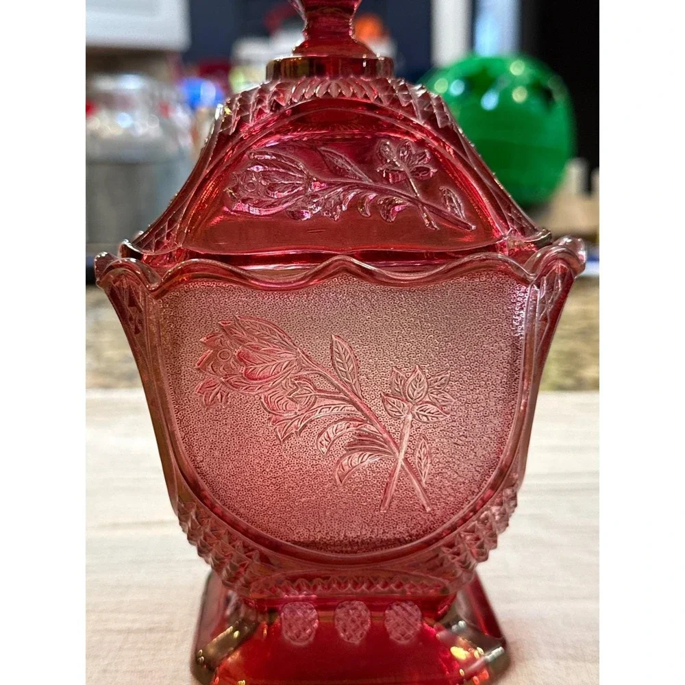 Vintage Ruby Red Glass Candy Dish with Lid Floral Rose Pattern Footed Square 7in